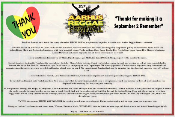 AARHUS REGGAE FEST THANK YOU POSTER